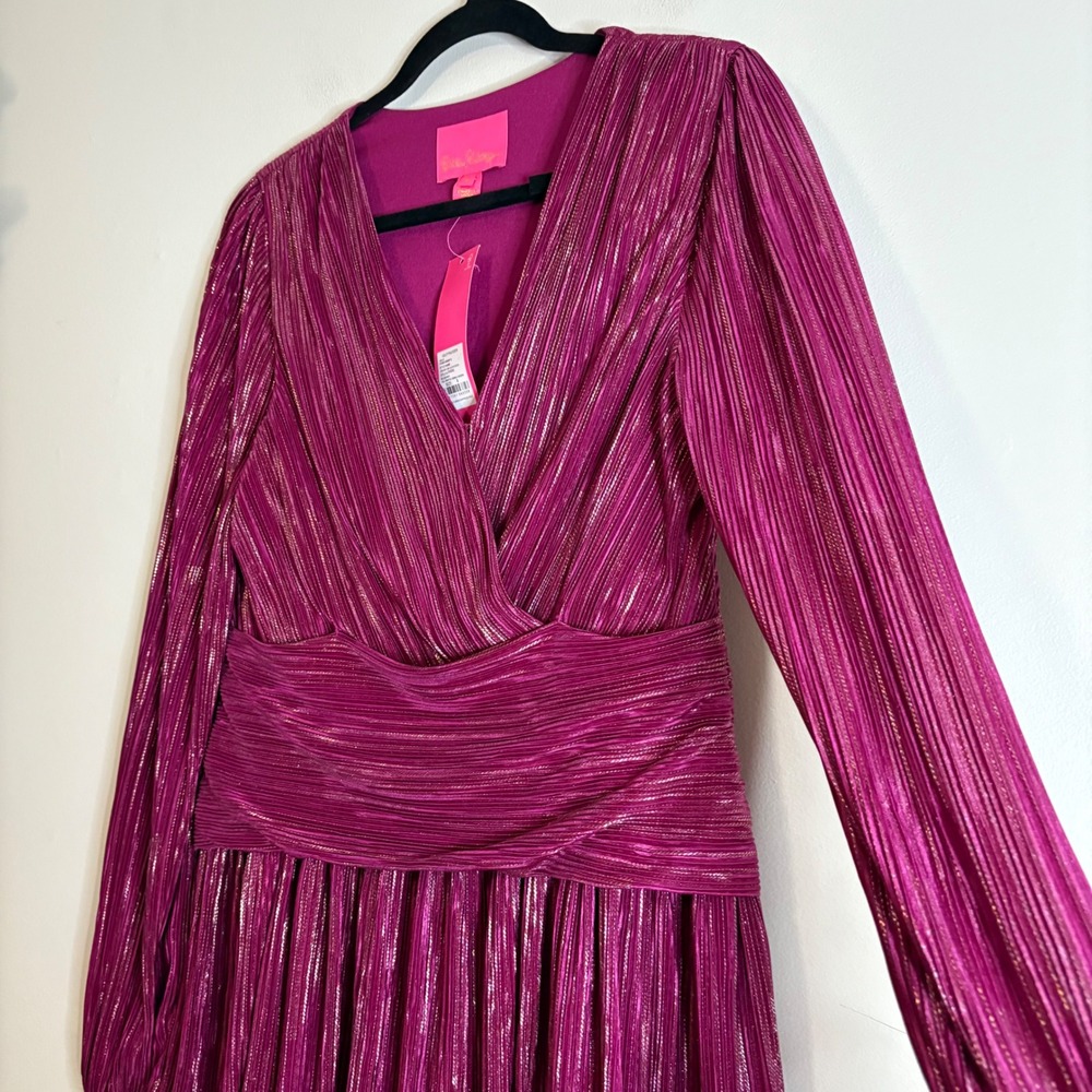 LILLY PULITZER Jessamie Long Sleeve Foil Printed Crinkle Woven Dress Sz 8 - Picture 4 of 8